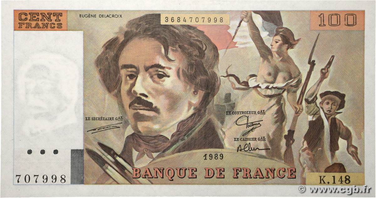 100 Francs DELACROIX modifié FRANKREICH 1989 F.69.13c fST+