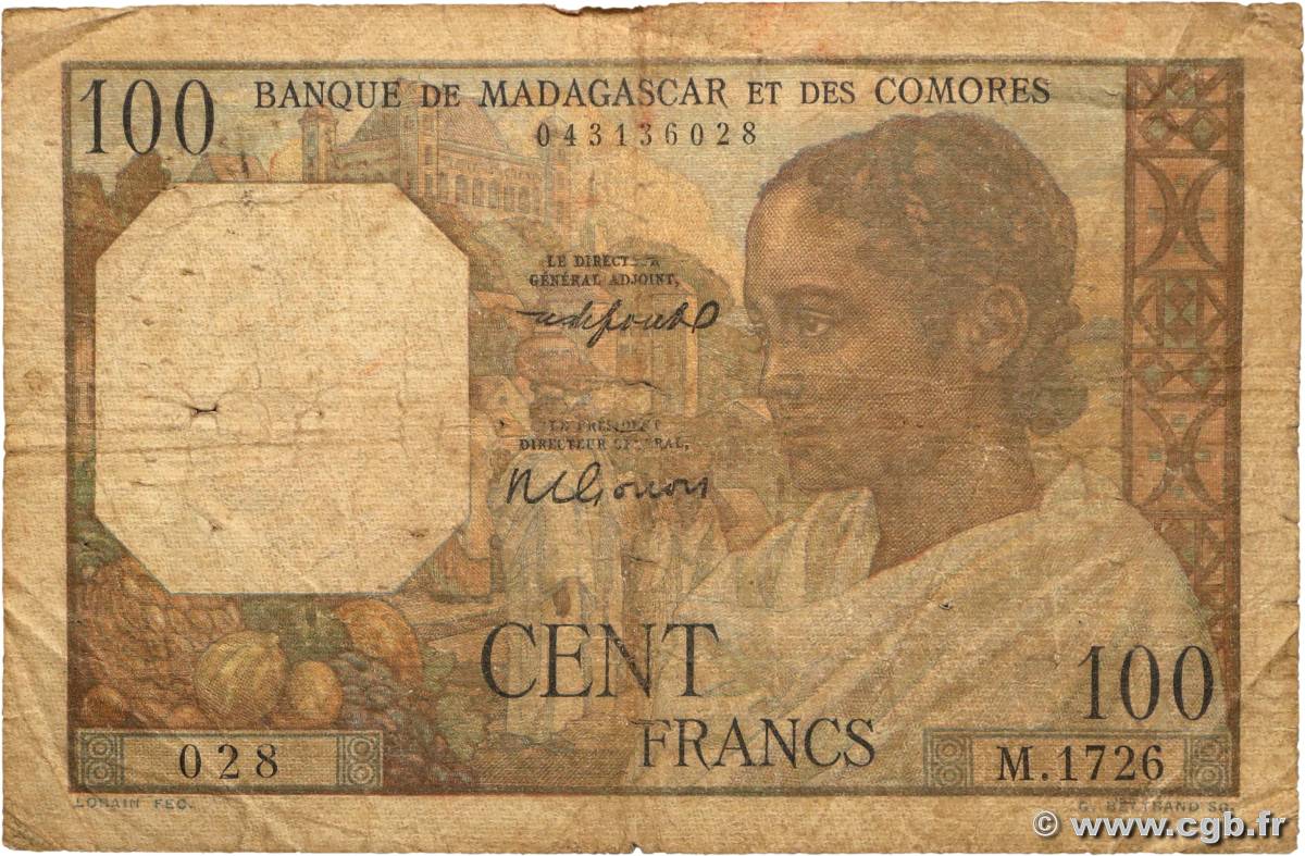 100 Francs MADAGASCAR 1951 P.046b B