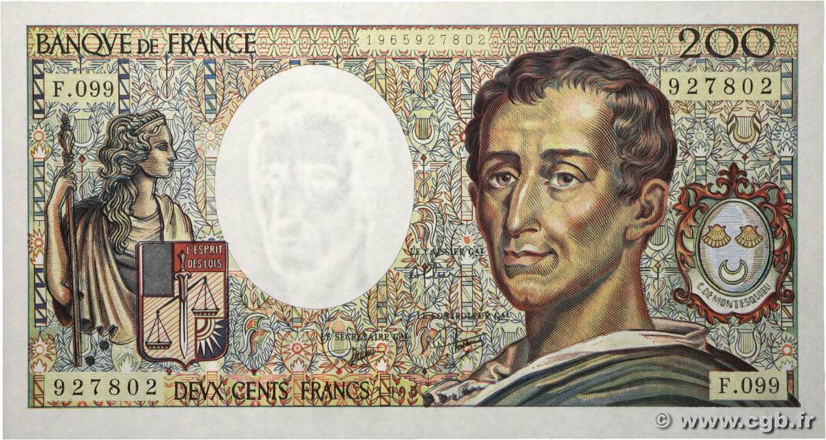 200 Francs MONTESQUIEU FRANCE 1990 F.70.10b SPL