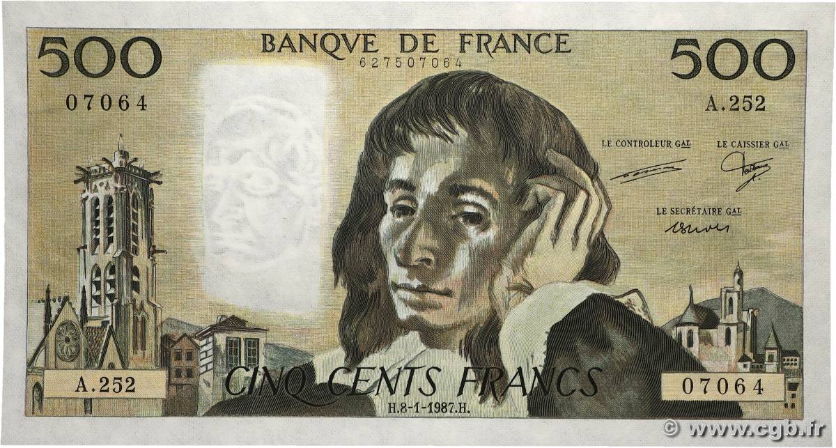 500 Francs PASCAL FRANKREICH 1987 F.71.35 fST+