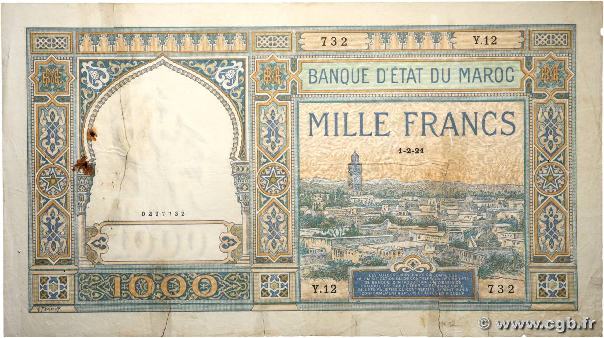 1000 Francs MOROCCO  1921 P.16a VG