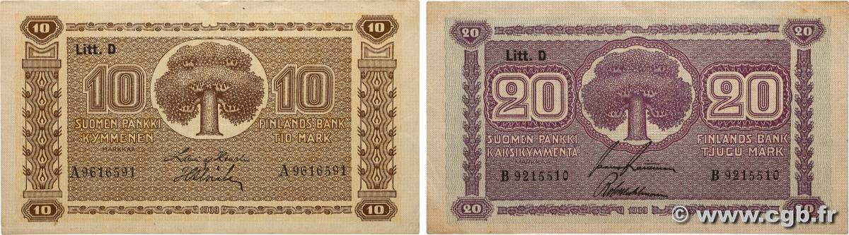 10 et 20 Markkaa Lot FINNLAND 1939 P.070a et P.071a fVZ