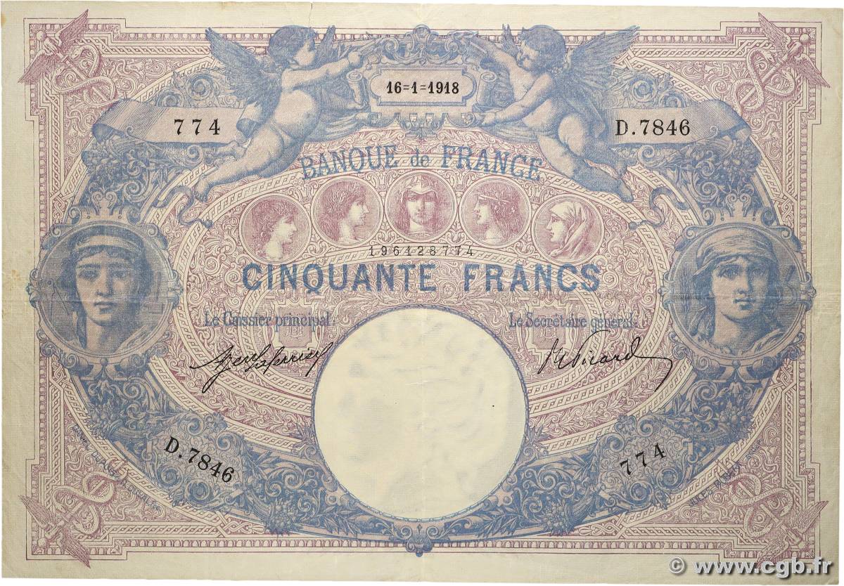 50 Francs BLEU ET ROSE FRANKREICH 1918 F.14.31 fSS