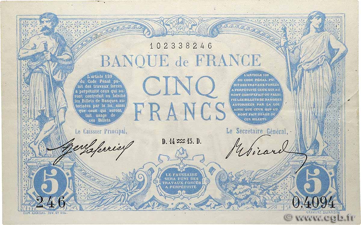 5 Francs BLEU FRANCE 1915 F.02.23 TTB+