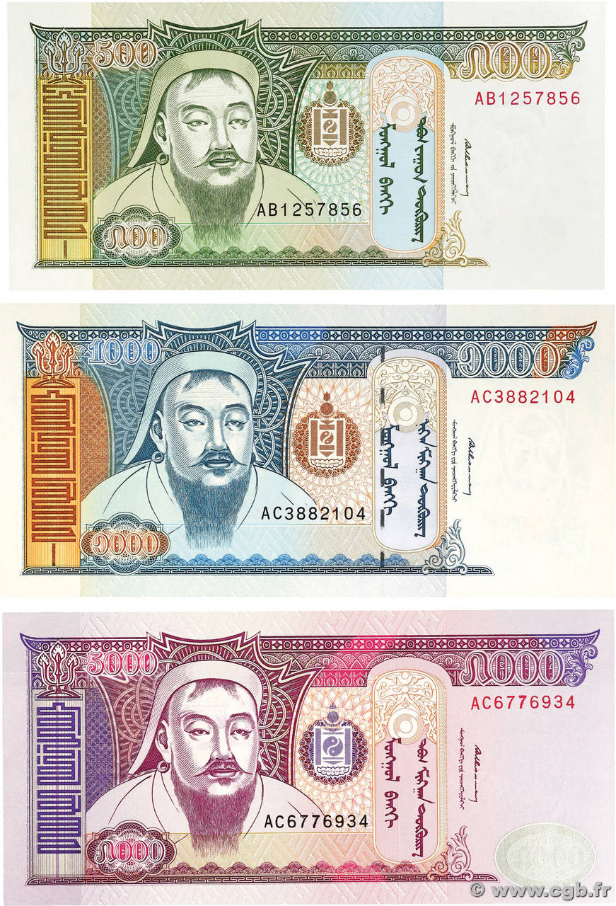 500, 1000 et 5000 Tugrik Lot MONGOLIE 1993 P.58a, P.59b et P.60 fST+