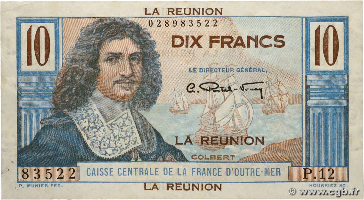 10 Francs Colbert REUNION 1947 P.42a XF
