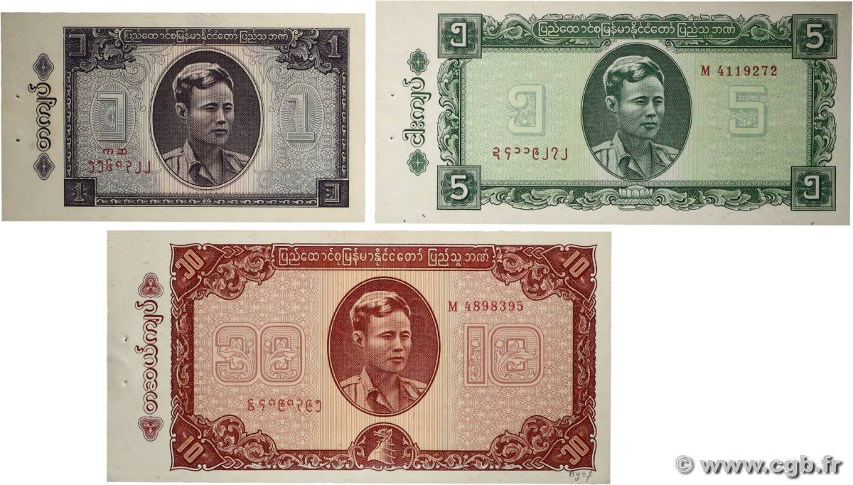1, 5 et 10 Kyats Lot BIRMANIE 1965 P.52 P.53 et P.54 SPL