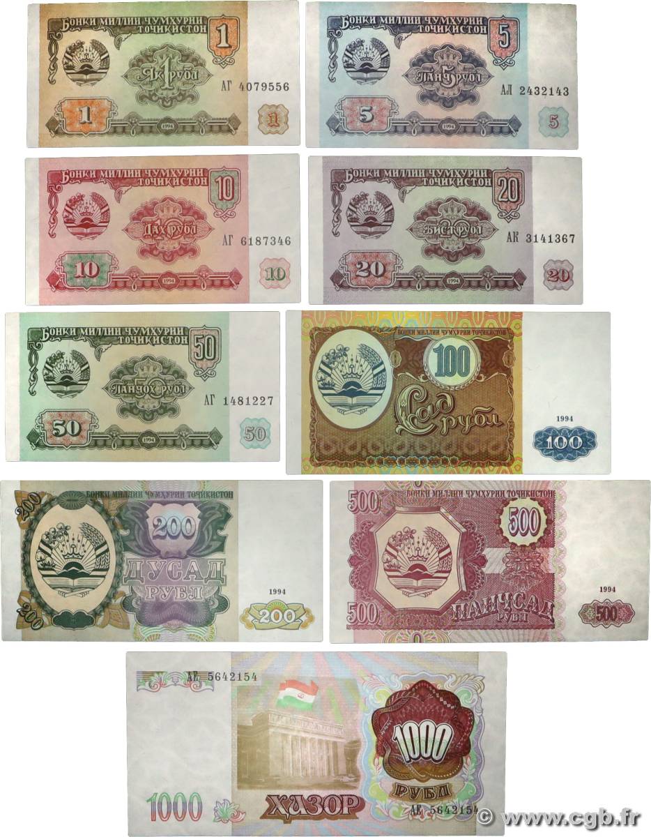 1 à 1000 Rubles Lot TADJIKISTAN 1994 P.01 à P.09a NEUF