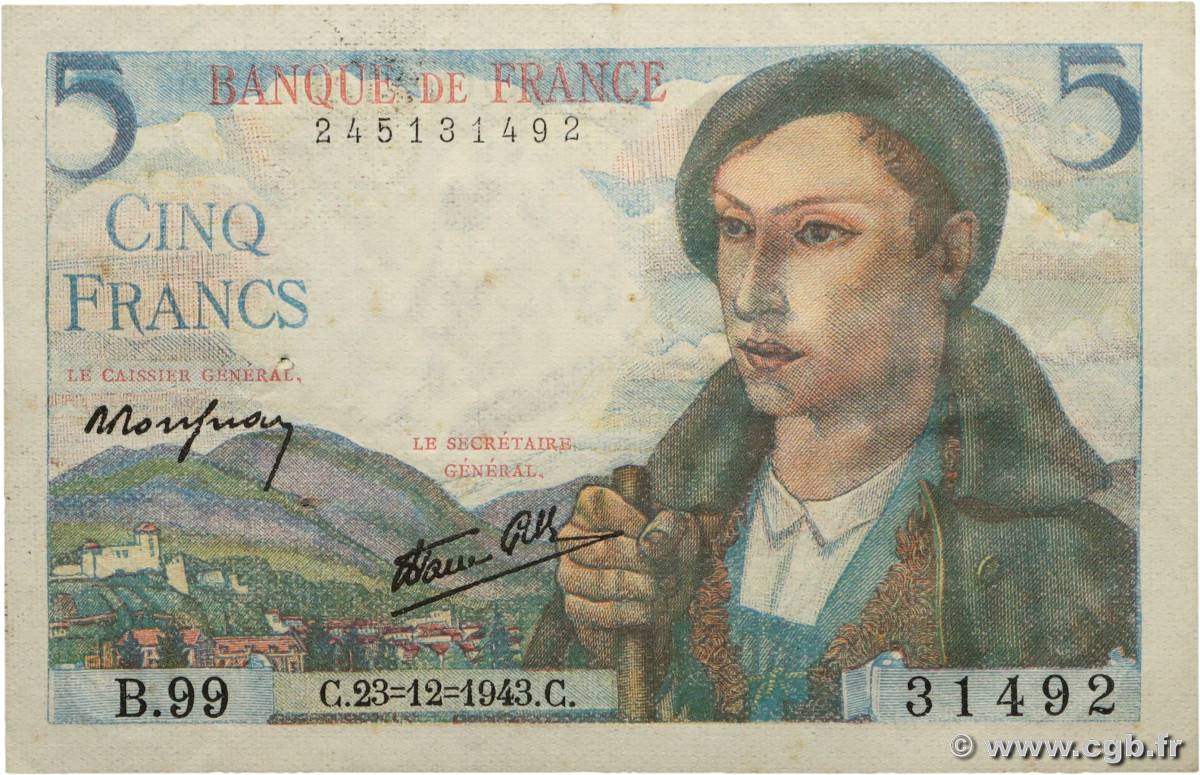 5 Francs BERGER FRANCE 1943 F.05.05 XF