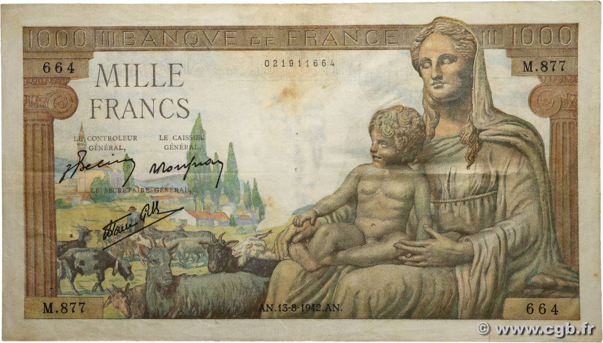 1000 Francs DÉESSE DÉMÉTER FRANCE 1942 F.40.04 TB+
