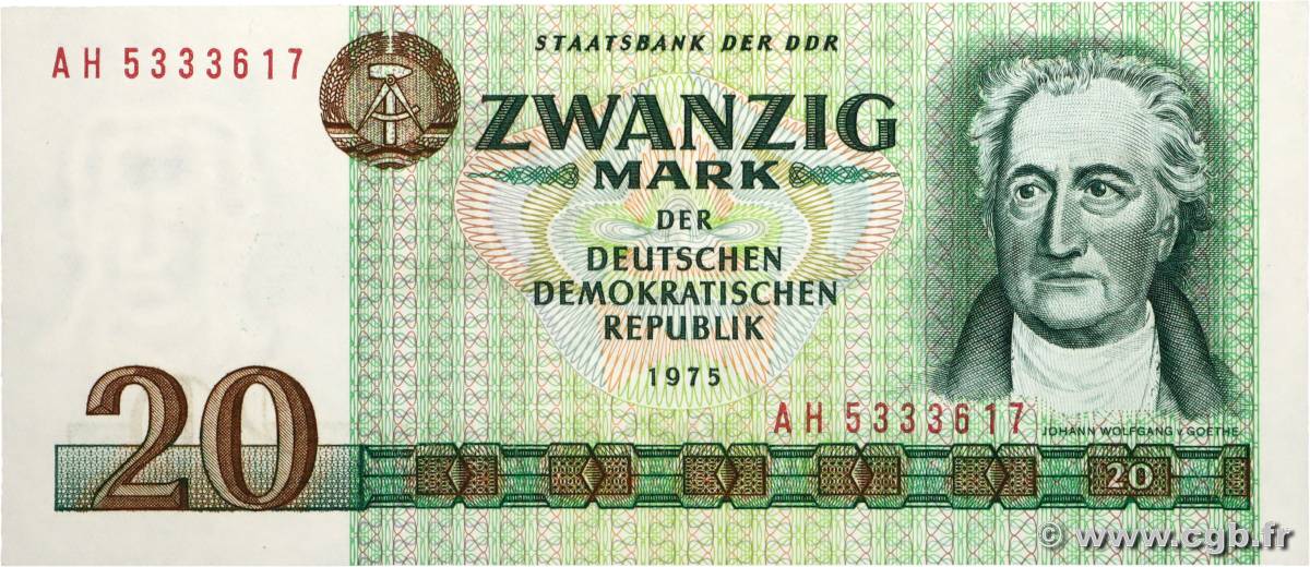 20 Mark ALLEMAGNE RÉPUBLIQUE DÉMOCRATIQUE 1975 P.29b NEUF