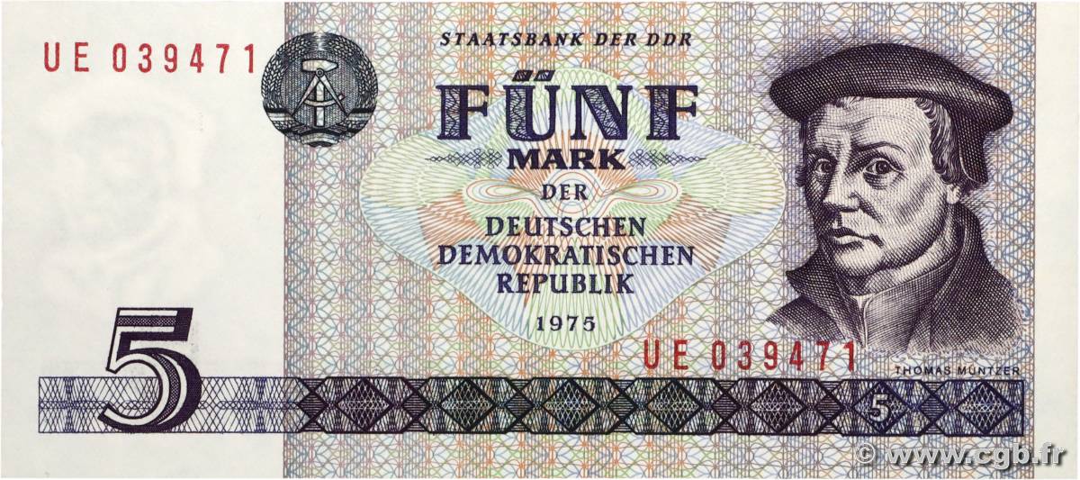 5 Mark ALLEMAGNE RÉPUBLIQUE DÉMOCRATIQUE 1975 P.27b NEUF