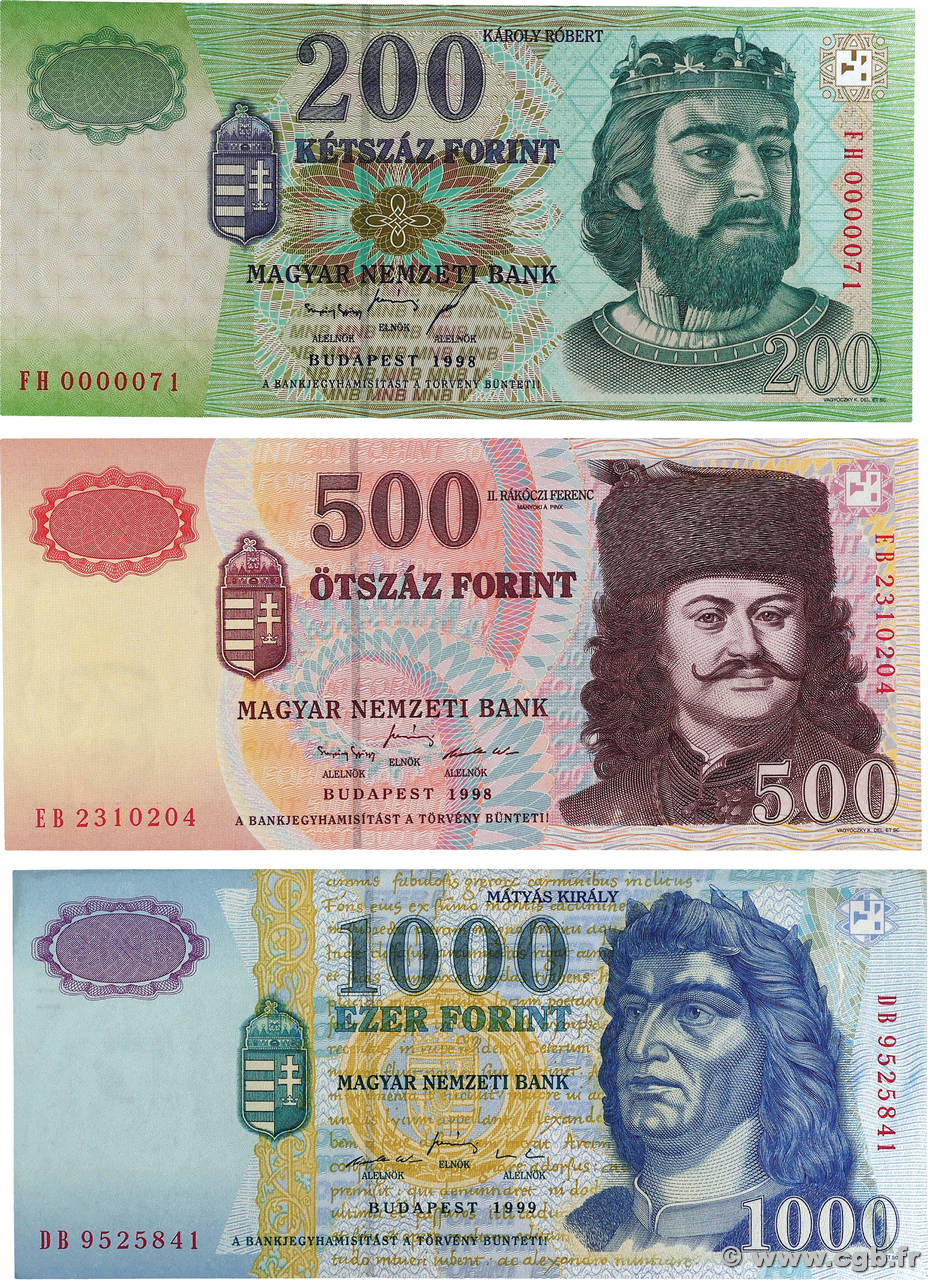 200, 500 et 1000 Forint Lot HONGRIE 1998 P.178a, P.179a et P.180b NEUF
