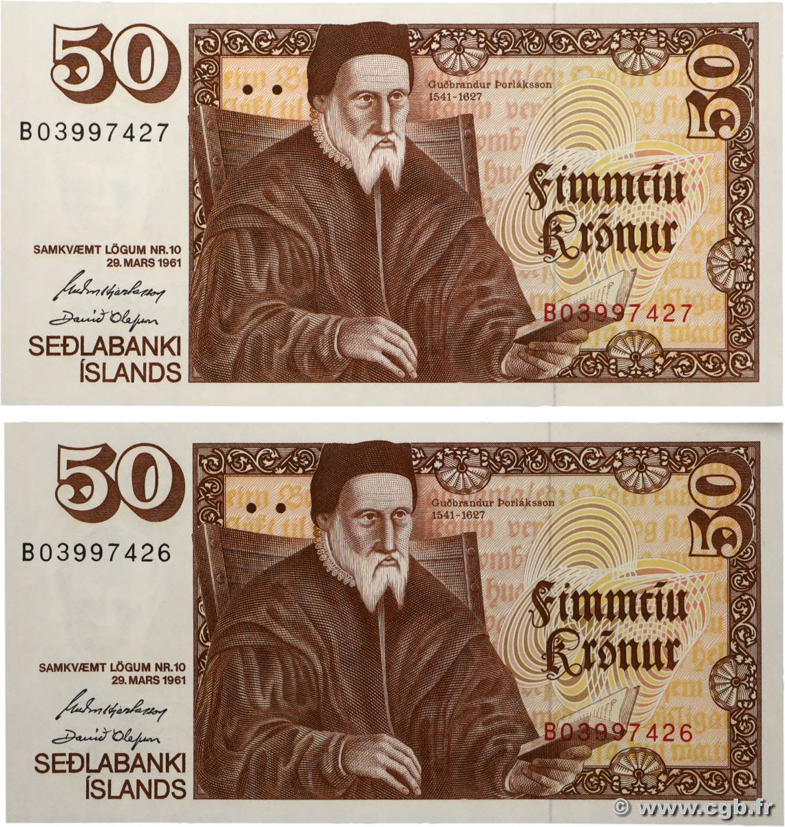 50 Kronur Consécutifs ISLANDE 1961 P.49a NEUF