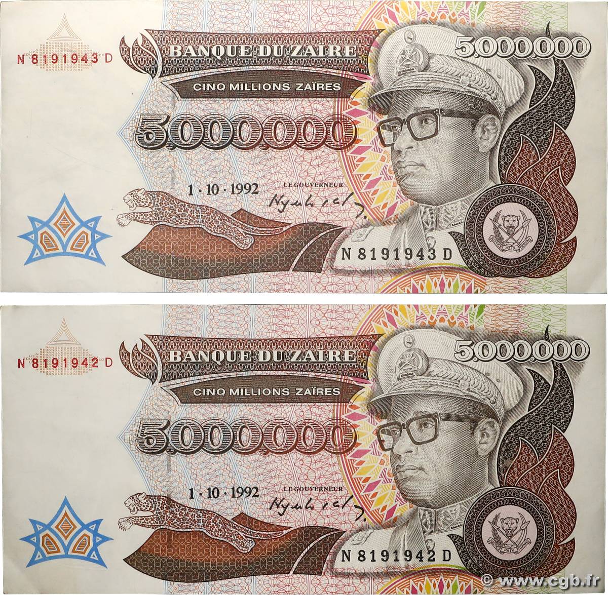 5000000 Zaïres Consécutifs ZAÏRE 1992 P.46a SUP+