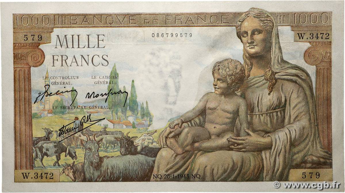 1000 Francs DÉESSE DÉMÉTER FRANCE 1943 F.40.17 SUP