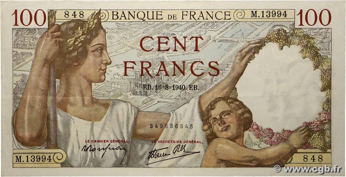 100 Francs SULLY FRANCE 1940 F.26.36 TTB+