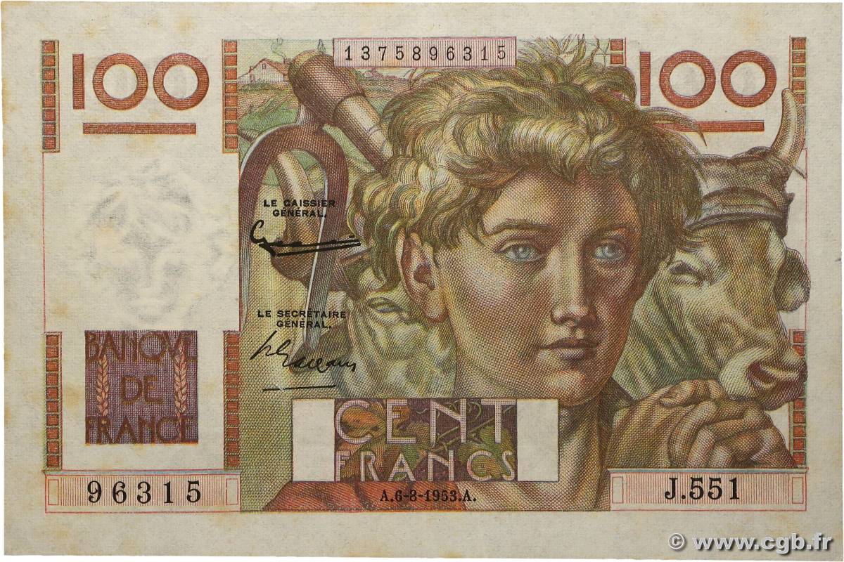 100 Francs JEUNE PAYSAN filigrane inversé FRANCE 1952 F.28bis.02 pr.SPL