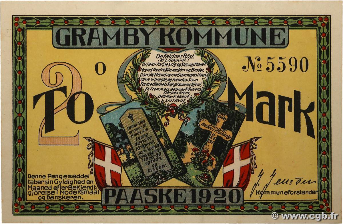 2 Mark DANEMARK Gramby 1920 P.- NEUF