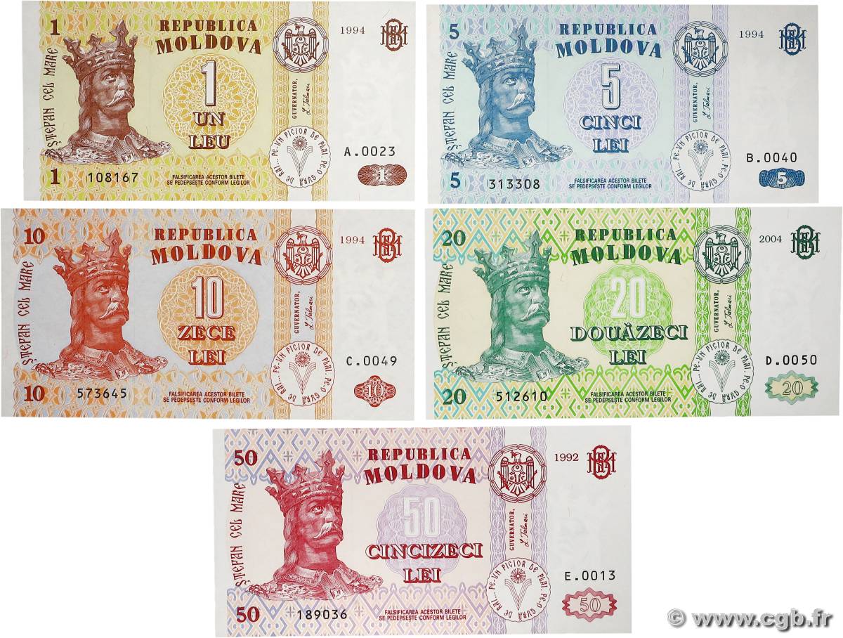 1 à 50 Lei Lot MOLDAVIE 1994 P.08a, P.09a, P.10a, P.13f et P.14a NEUF