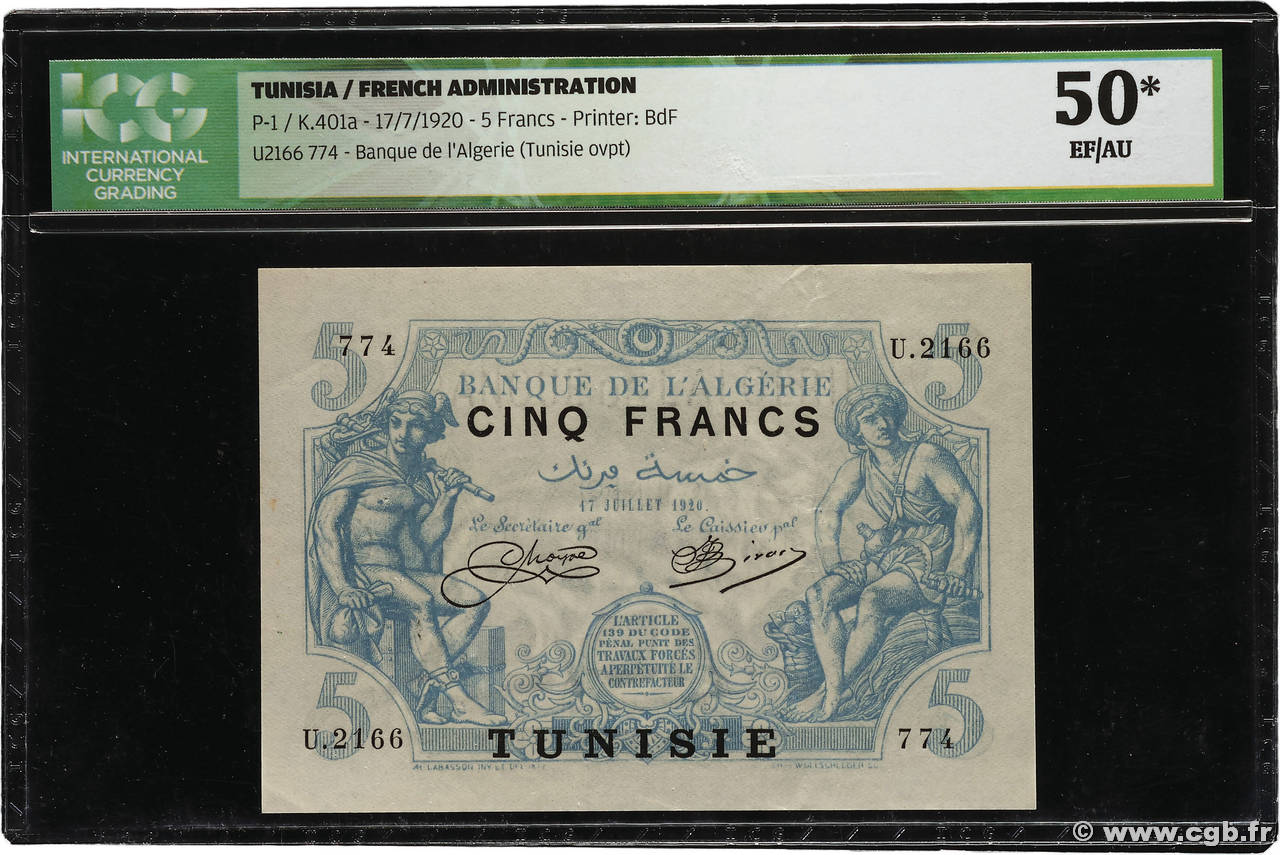 5 Francs TUNISIE 1920 P.01 SUP+