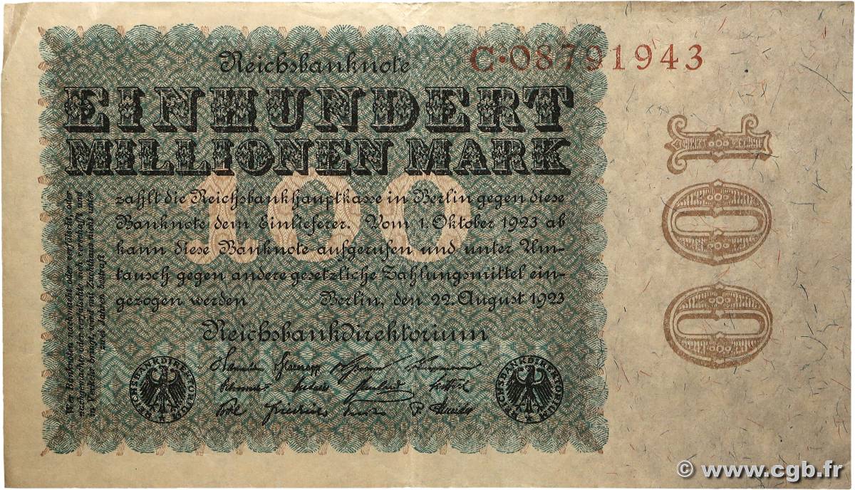 100 Millionen Mark ALLEMAGNE 1923 P.107a TTB+