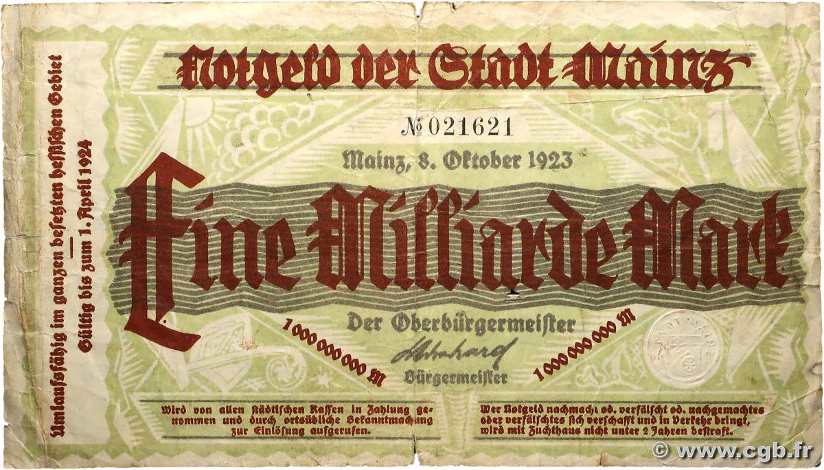 1 Milliard Mark ALLEMAGNE Mainz-Mayence 1923 P.- TB