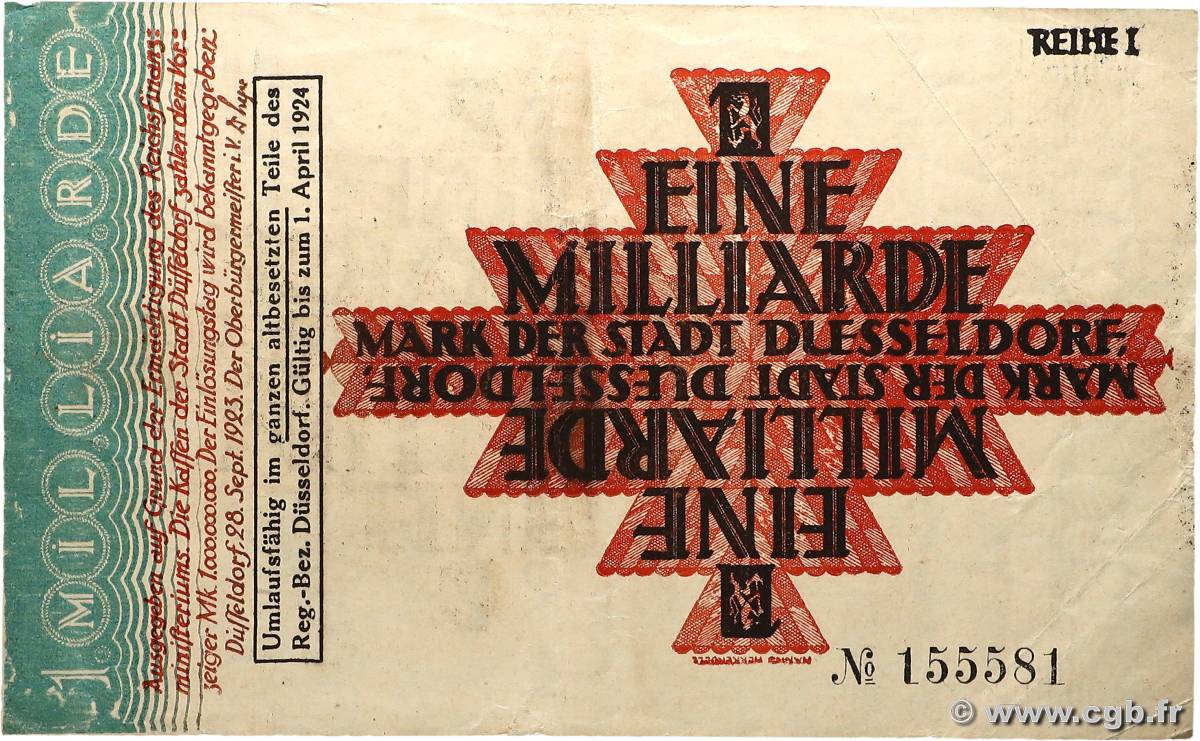 1 Milliard Mark ALLEMAGNE Düsseldorf 1923 P.- TTB