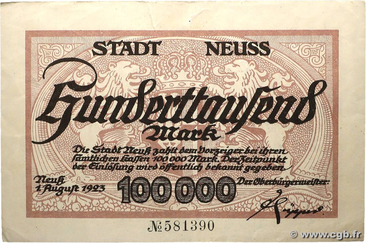 100000 Mark ALLEMAGNE Neuss 1923 P.- TTB+