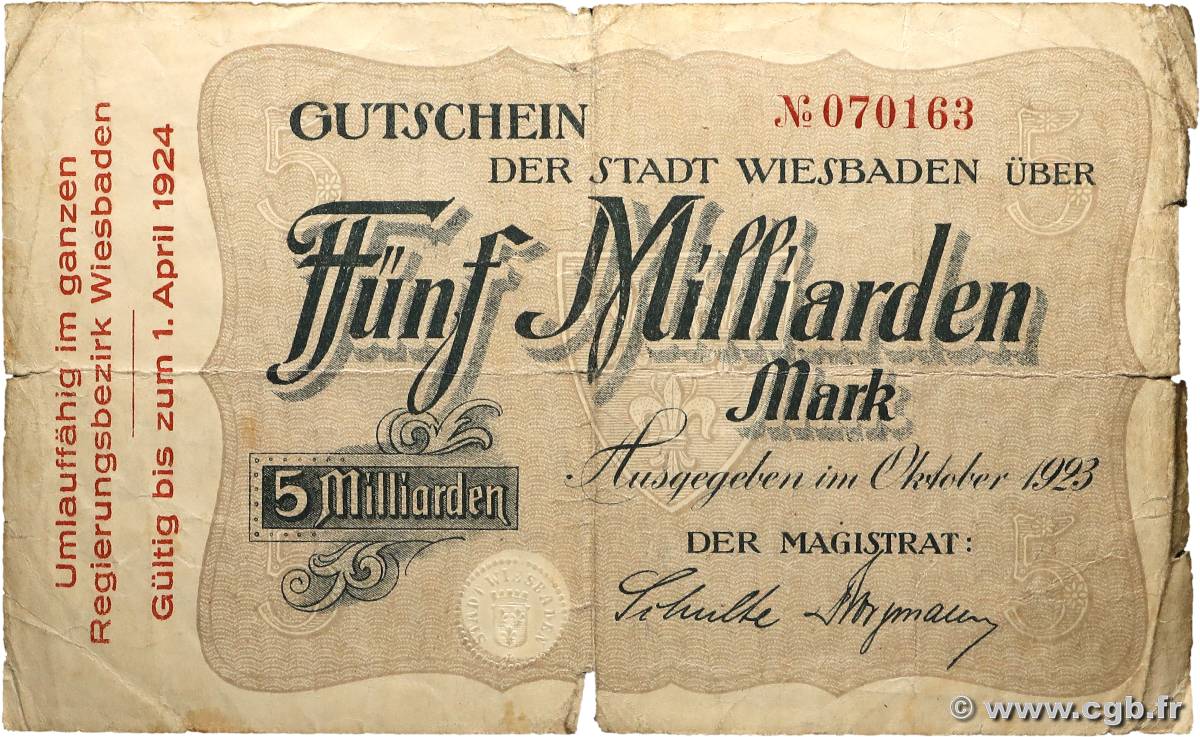 5 Milliards Mark ALLEMAGNE Wiesbaden 1923 P.- TB