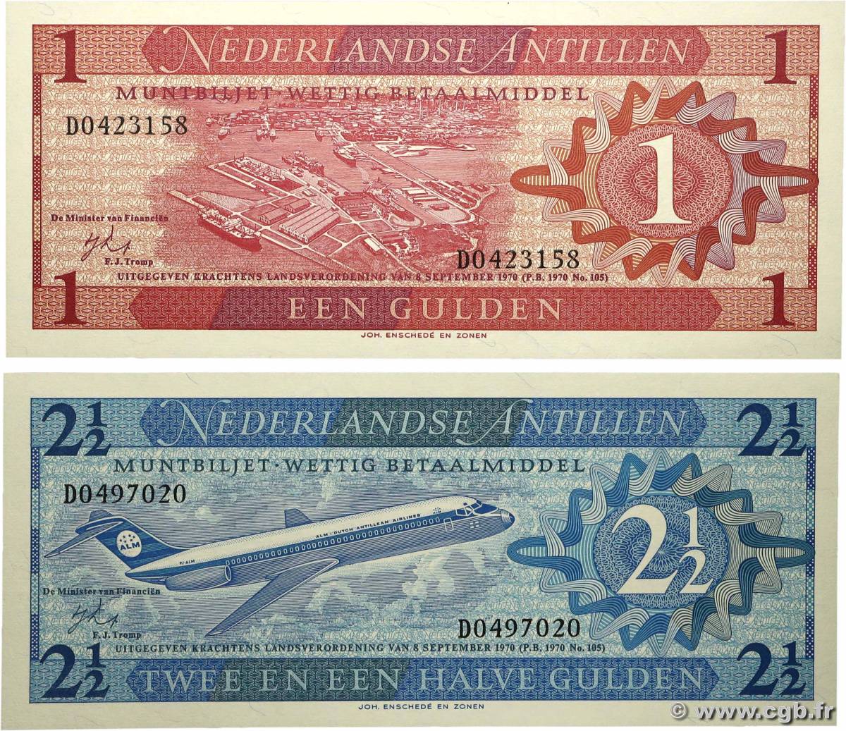 1 et 2,5 Gulden Lot NETHERLANDS ANTILLES 1979 P.20 et P.21 ST