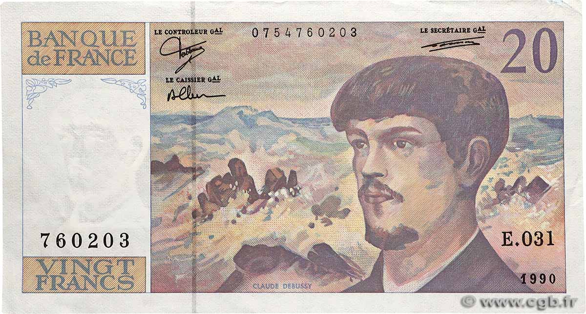 20 Francs DEBUSSY à fil de sécurité FRANKREICH 1990 F.66bis.01-31 fVZ