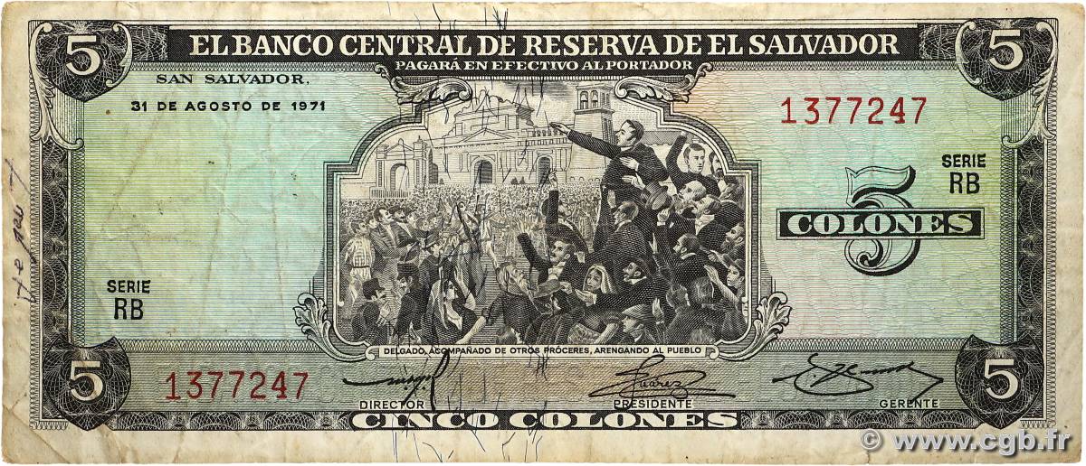 5 Colones SALVADOR 1973 P.117a TB+