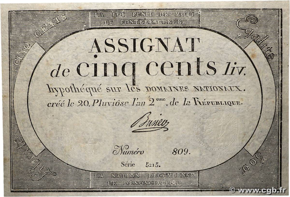 500 Livres FRANCE 1794 Ass.47a TB