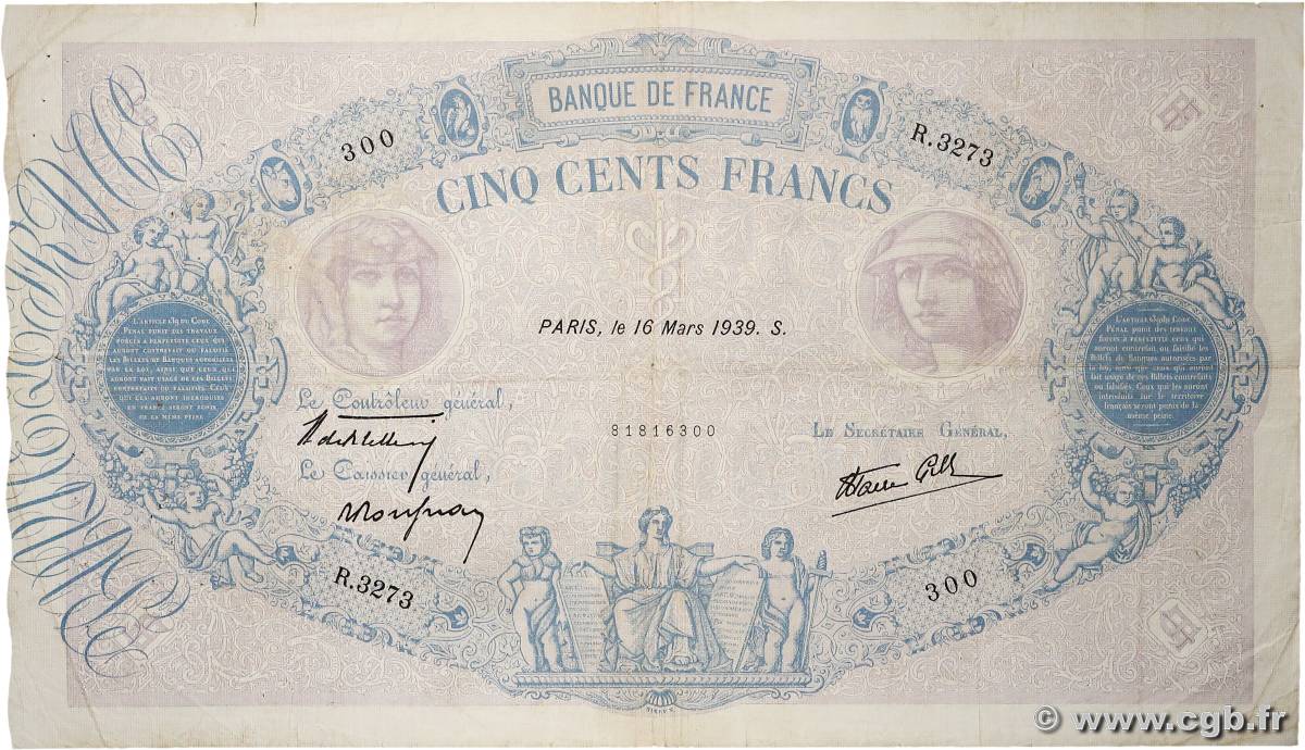 500 Francs BLEU ET ROSE modifié FRANCE 1939 F.31.27 TB