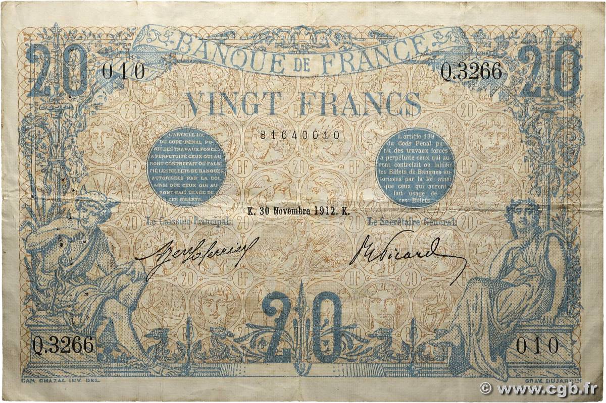 20 Francs BLEU FRANCE 1912 F.10.02 F+