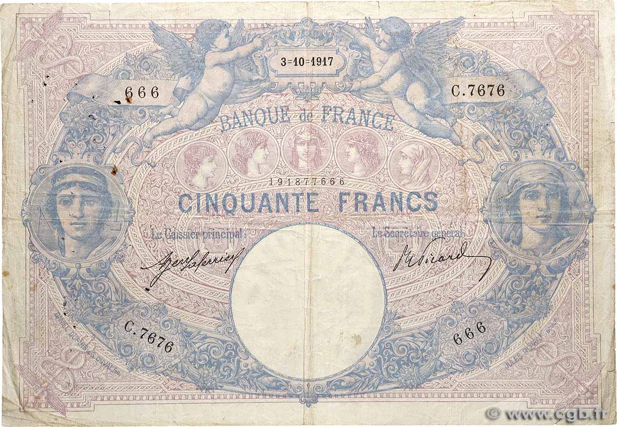 50 Francs BLEU ET ROSE Numéro spécial FRANCE 1917 F.14.30 F-