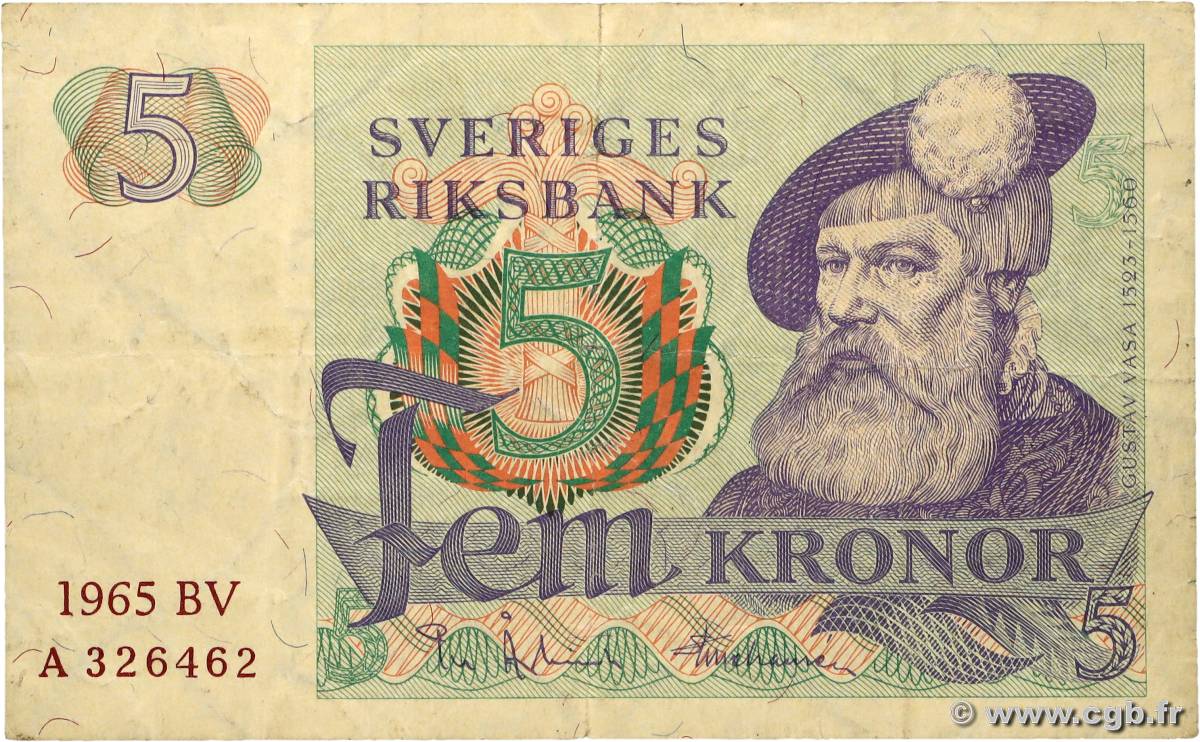 5 Kronor SUÈDE 1965 P.51a F+