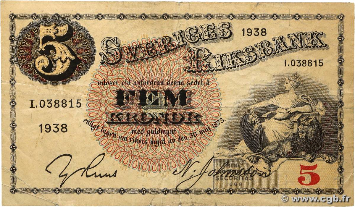 5 Kronor SUÈDE 1938 P.33u F+