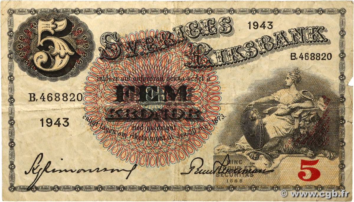 5 Kronor SUÈDE 1943 P.33z F