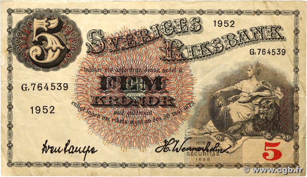 5 Kronor SUÈDE 1952 P.33ai F