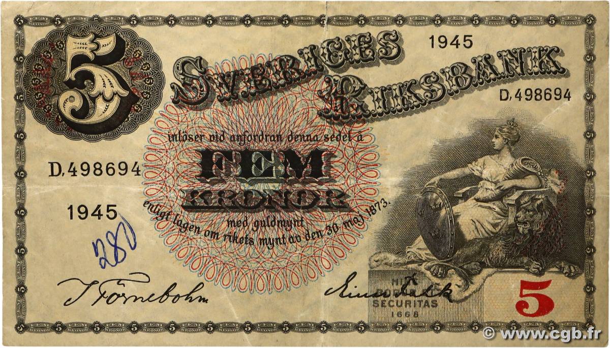 5 Kronor SUÈDE 1945 P.33ab F+