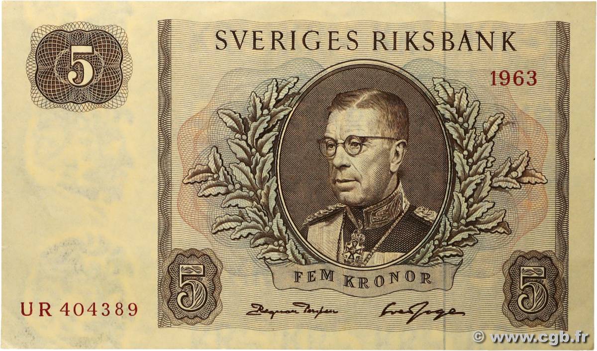 5 Kronor SUÈDE 1963 P.50b XF+