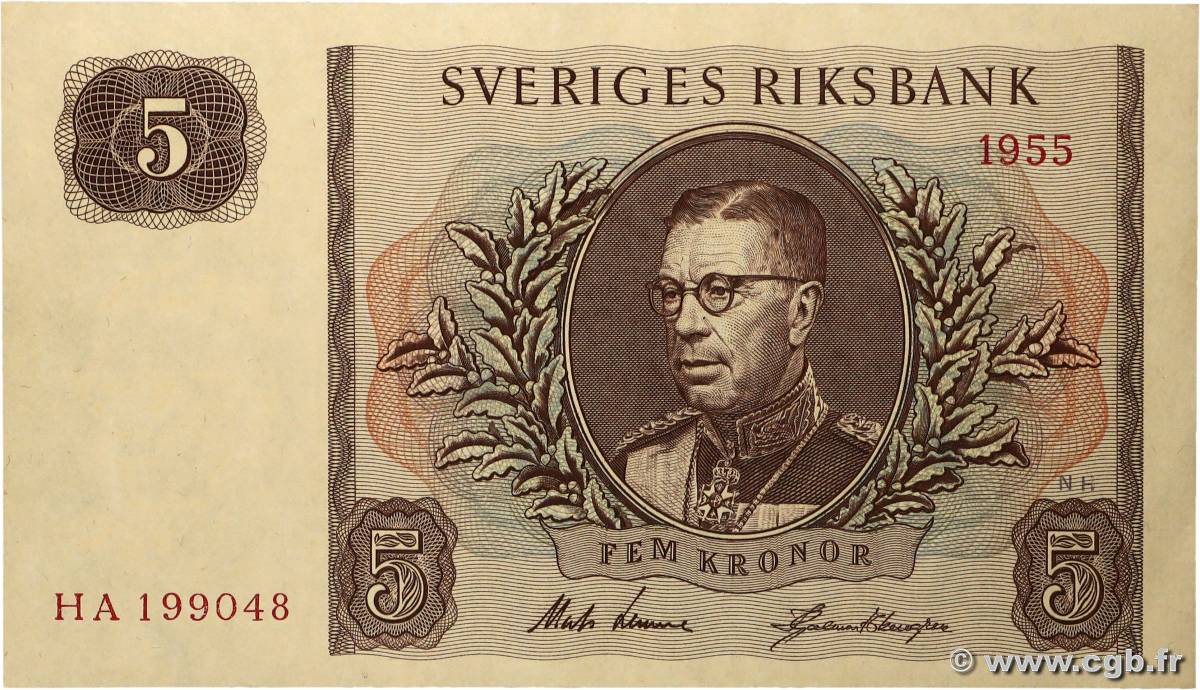 5 Kronor SUÈDE 1955 P.42b AU