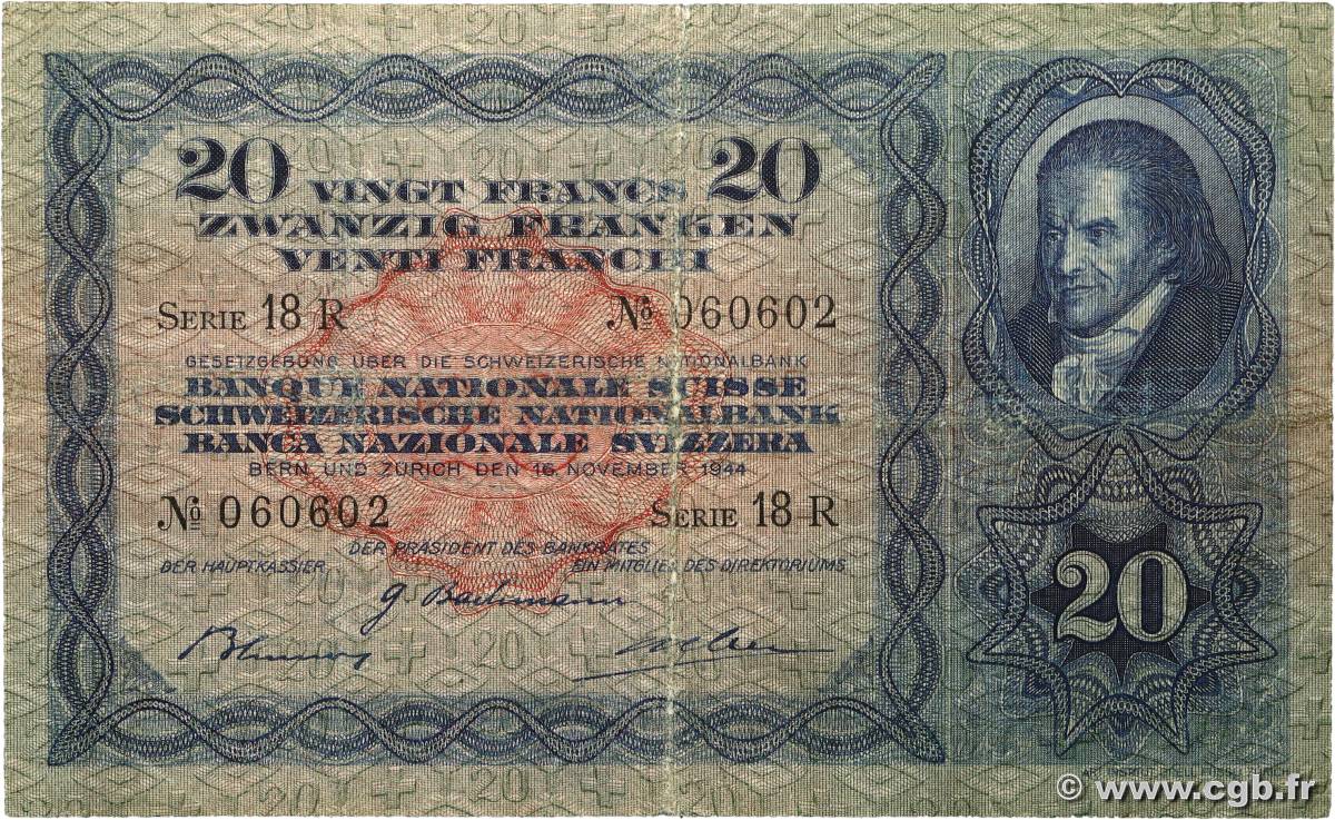 20 Francs SUISSE 1944 P.39n VG
