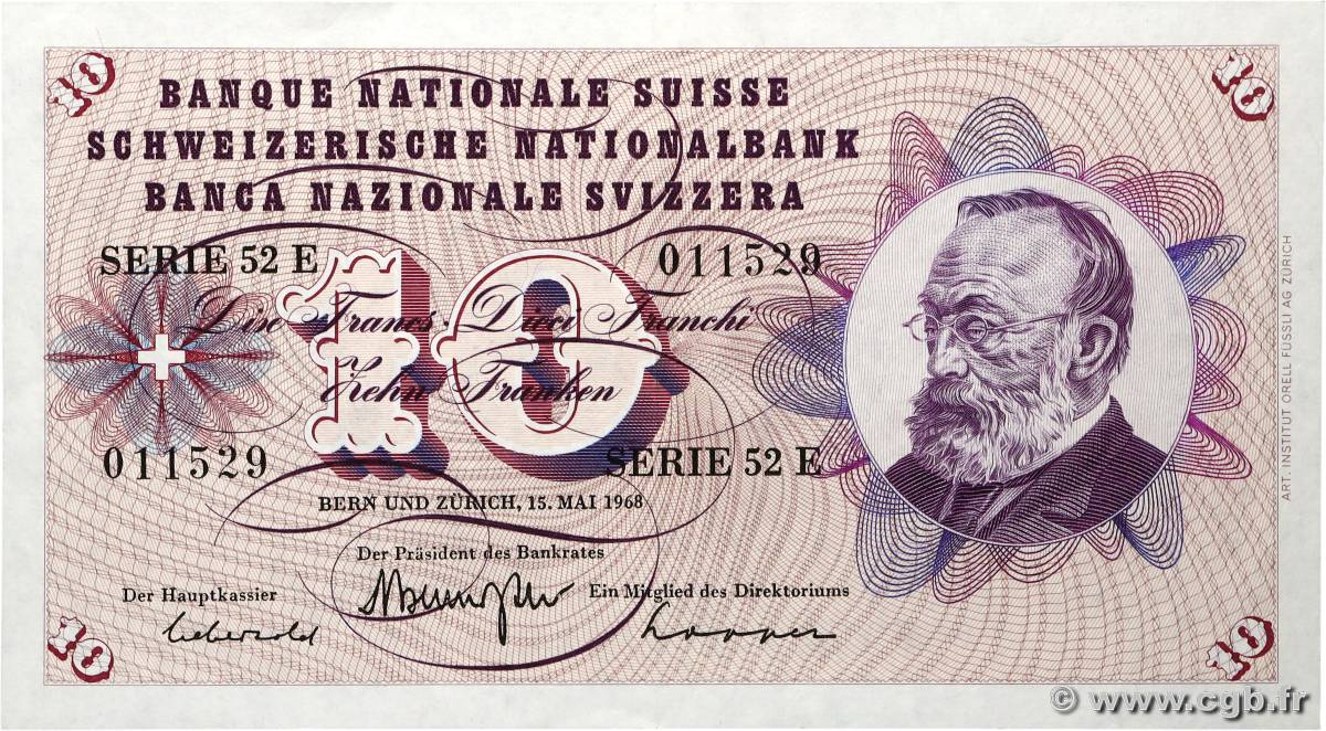 10 Francs SUISSE 1968 P.45n XF