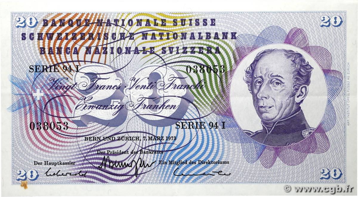20 Francs SUISSE 1973 P.46u VF+