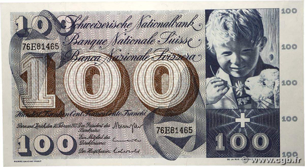 100 Francs SUISSE 1971 P.49m UNC-