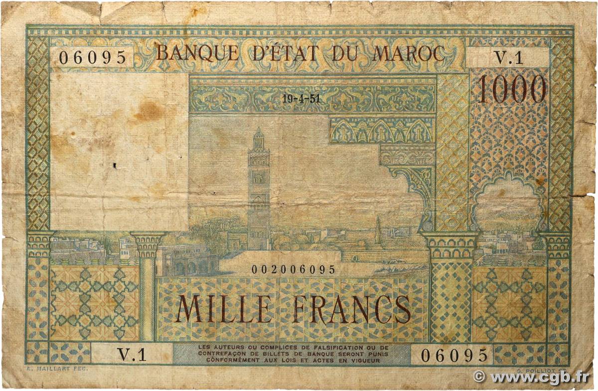 1000 Francs MOROCCO 1951 P.47 G