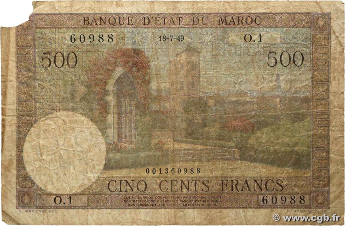 500 Francs MOROCCO 1949 P.46 G